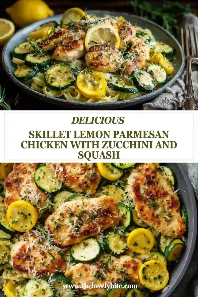A skillet filled with lemon parmesan chicken, zucchini, and yellow squash cooked until tender and topped with fresh parsley. This easy one pan chicken dinner looks fresh, vibrant, and comforting.