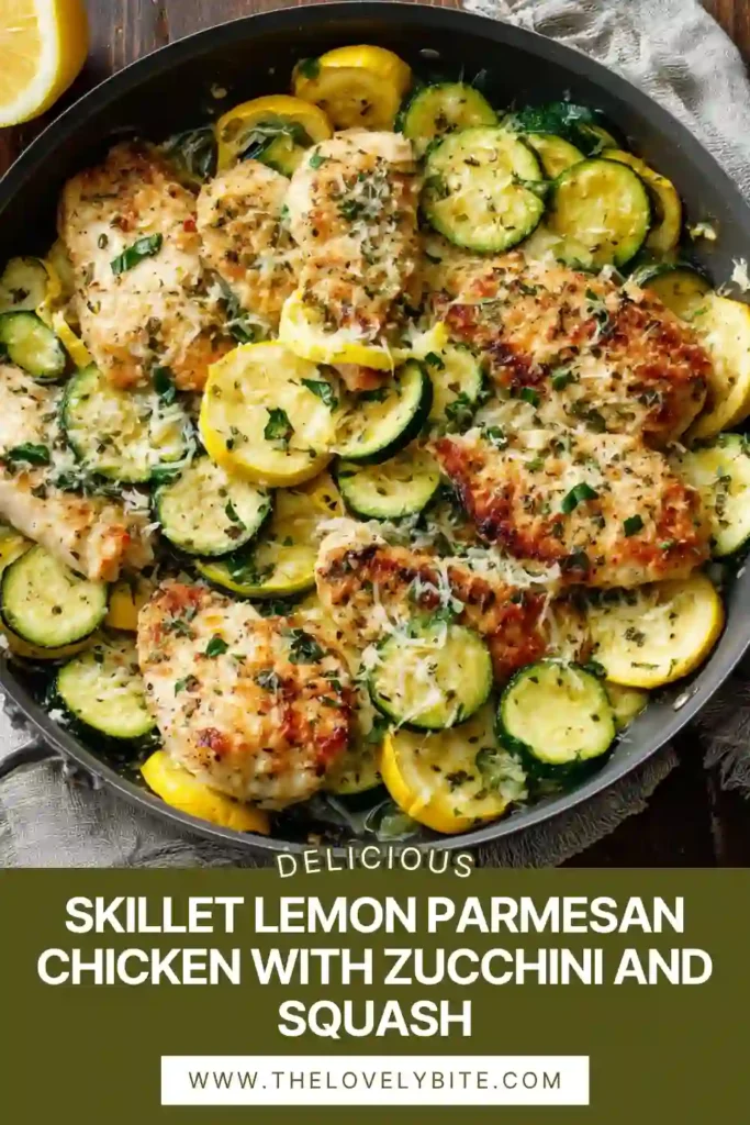 Juicy skillet lemon parmesan chicken served with sautéed zucchini and squash in a light lemon garlic sauce. A healthy low carb chicken skillet recipe perfect for weeknight dinners.