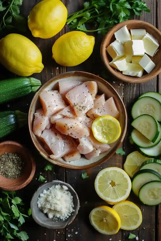 One pan lemon parmesan chicken cooked with zucchini and squash in a savory buttery lemon sauce. A simple and healthy family-friendly chicken skillet recipe.