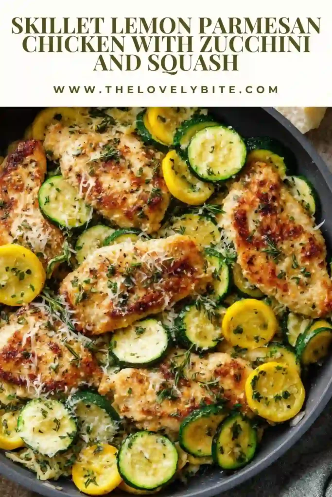 Close-up of skillet lemon parmesan chicken with zucchini and yellow squash garnished with parmesan cheese and parsley. This easy chicken and vegetable skillet is packed with fresh flavor.