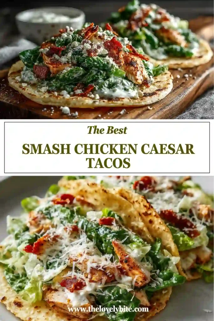 Golden Smash Chicken Caesar Tacos topped with crunchy romaine, grated parmesan, and turkey bacon bits. These crispy chicken tacos are flavorful, cheesy, and perfect for taco night.