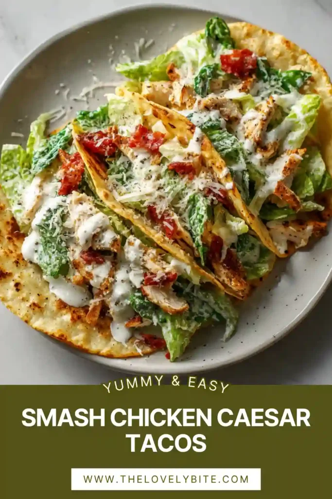 Close-up of crispy Smash Chicken Caesar Tacos with juicy smashed chicken, Caesar salad topping, and parmesan cheese. The tortillas are perfectly toasted and packed with savory flavor.