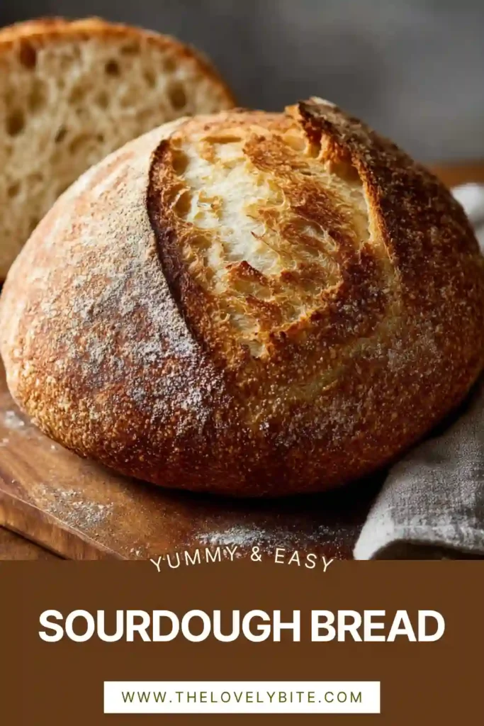 Freshly baked sourdough bread cooling on a wire rack with a golden crust and rustic artisan texture. This beginner sourdough bread recipe creates a chewy crumb and crispy exterior.