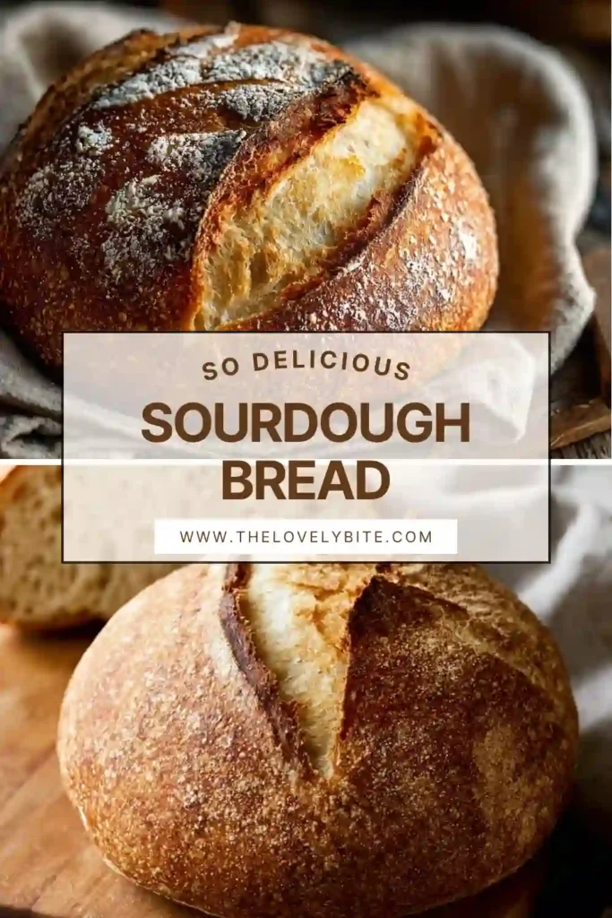 Homemade sourdough bread sliced on a wooden cutting board showing its airy interior and crusty artisan exterior. Perfect easy sourdough bread for beginners.