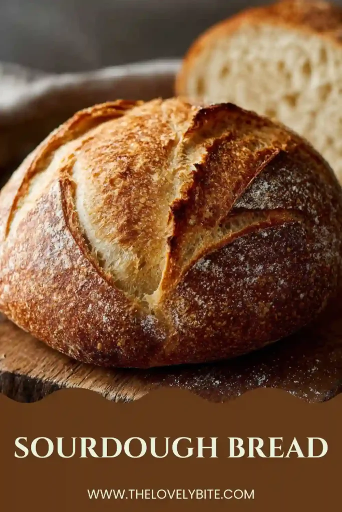 Rustic sourdough bread baked in a Dutch oven with deep golden color and classic scoring pattern. This artisan loaf is ideal for homemade bread lovers.