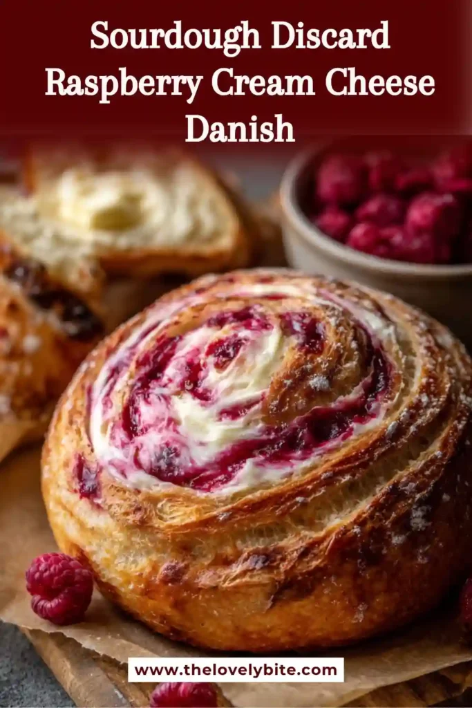 Close-up of sourdough discard raspberry cream cheese danish showing soft interior and juicy raspberry topping. Perfect homemade pastry for breakfast.
