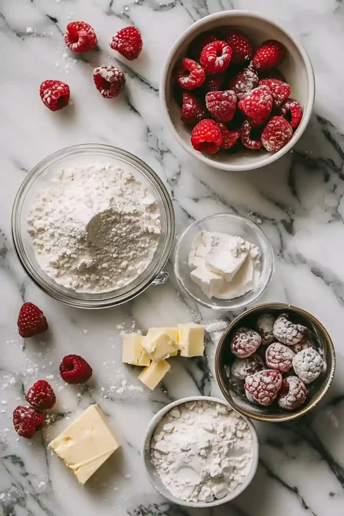 A golden sourdough discard raspberry cream cheese danish with flaky layers and fresh raspberries on top. The pastry looks crisp and buttery with creamy filling inside.
