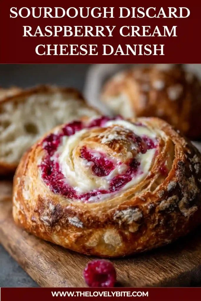 Freshly baked sourdough discard raspberry cream cheese danish arranged on a tray with visible flaky layers and creamy center.