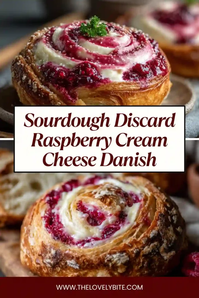 Homemade sourdough discard raspberry cream cheese danish with golden crust, filled with cream cheese and vibrant raspberries.