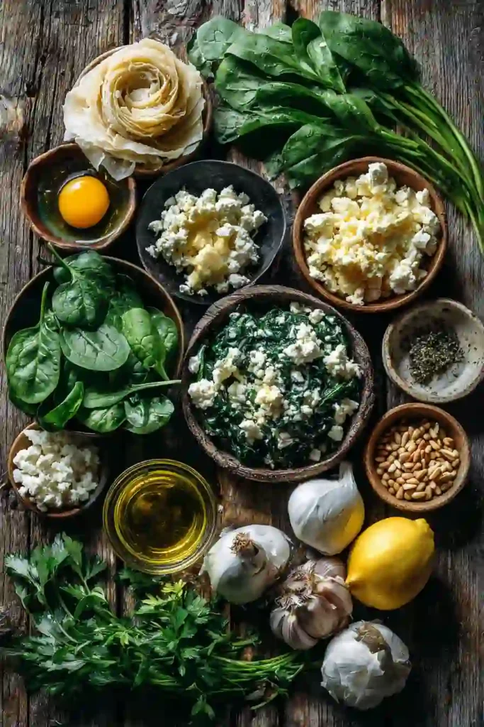 A freshly baked Spanakopita Spiral with golden flaky filo pastry arranged in a beautiful spiral pattern. The Greek spinach pie is filled with feta cheese, spinach, herbs, and toasted pine nuts.