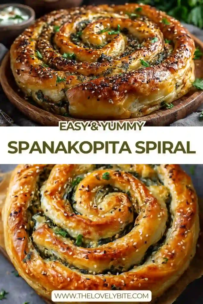 Crispy homemade Spanakopita Spiral served on a rustic plate. Layers of filo pastry surround a savory spinach and feta filling with authentic Mediterranean flavors.