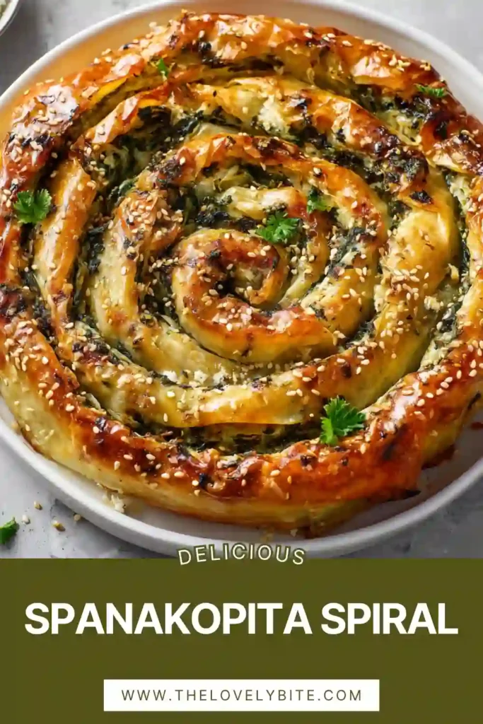 Traditional Greek Spanakopita Spiral baked until golden brown and flaky. The spinach and cheese filling creates a rich, savory center perfect for lunch or dinner.