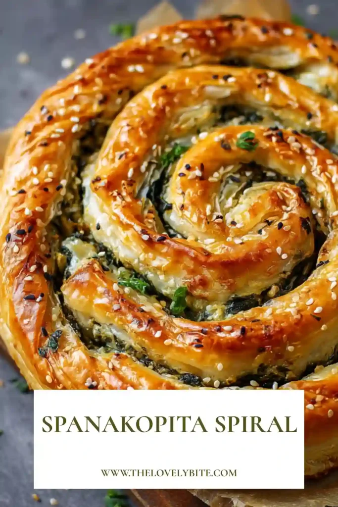 Close-up of a sliced Spanakopita Spiral showing delicate filo layers and a creamy spinach feta filling. This Greek spinach pie is crisp, flavorful, and beautifully presented.