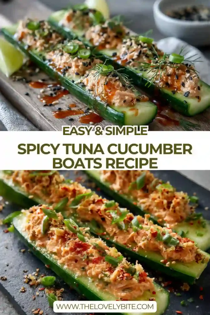 Healthy cucumber boats stuffed with spicy tuna salad, sesame seeds, and spicy mayo drizzle. These easy tuna appetizers are perfect for meal prep, parties, or quick lunches.