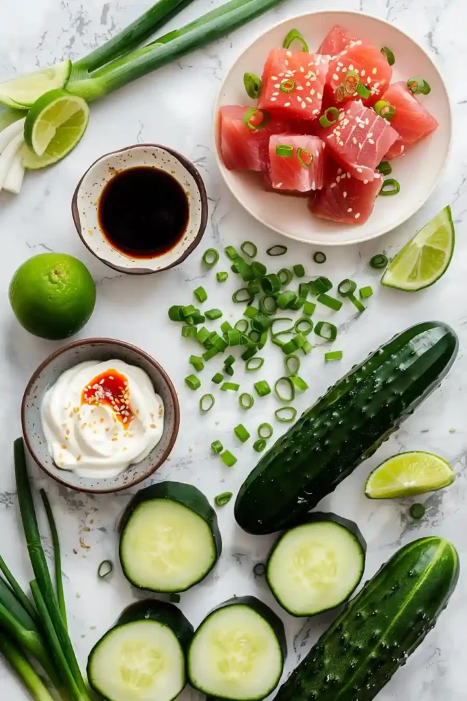 Fresh Spicy Tuna Cucumber Boats filled with creamy albacore tuna mixture and topped with sesame seeds and green onions. This healthy low carb appetizer is light, crunchy, and packed with bold flavor.