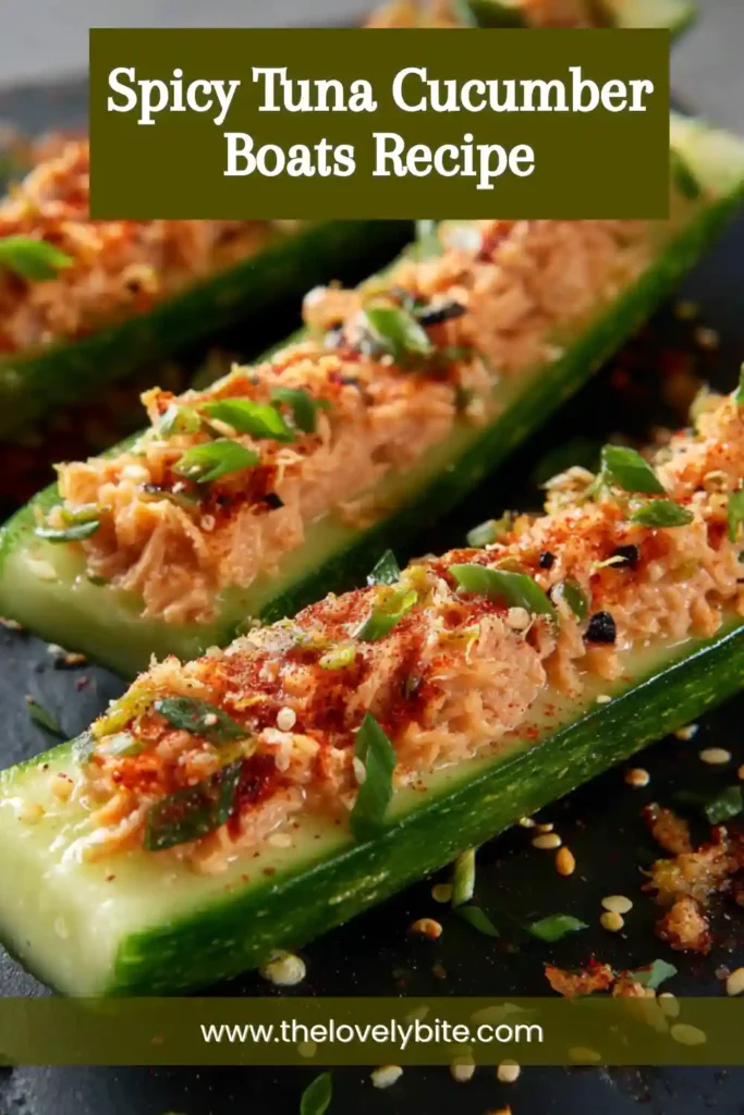 Crunchy cucumber halves filled with creamy spicy tuna and garnished with green onions. This spicy tuna cucumber recipe is fresh, protein-packed, and easy to prepare.