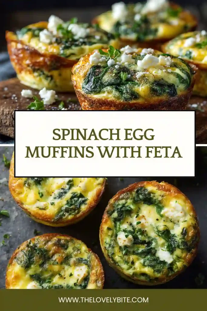 Close-up of homemade Spinach Egg Muffins filled with chopped spinach and crumbled feta cheese. A nutritious low-carb breakfast option perfect for meal prep.