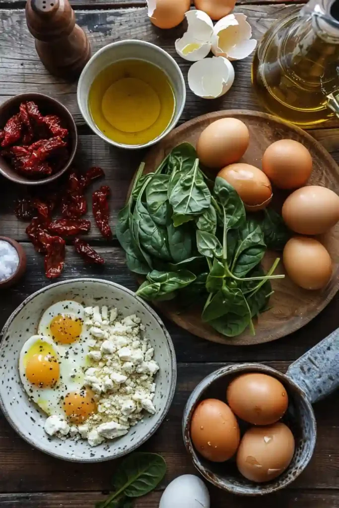 A freshly baked Spinach and Feta Egg Bake served in a casserole dish with fluffy eggs, crumbled feta cheese, spinach, and sun-dried tomatoes. This healthy breakfast casserole has a golden top and Mediterranean-inspired flavors.