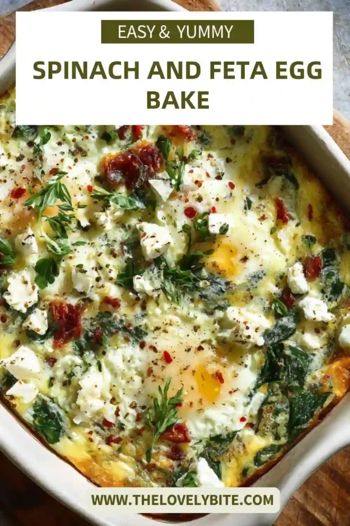 Close-up of a Spinach and Feta Egg Bake featuring creamy feta, baked eggs, and fresh herbs. This easy brunch recipe is protein-rich, colorful, and perfect for meal prep.