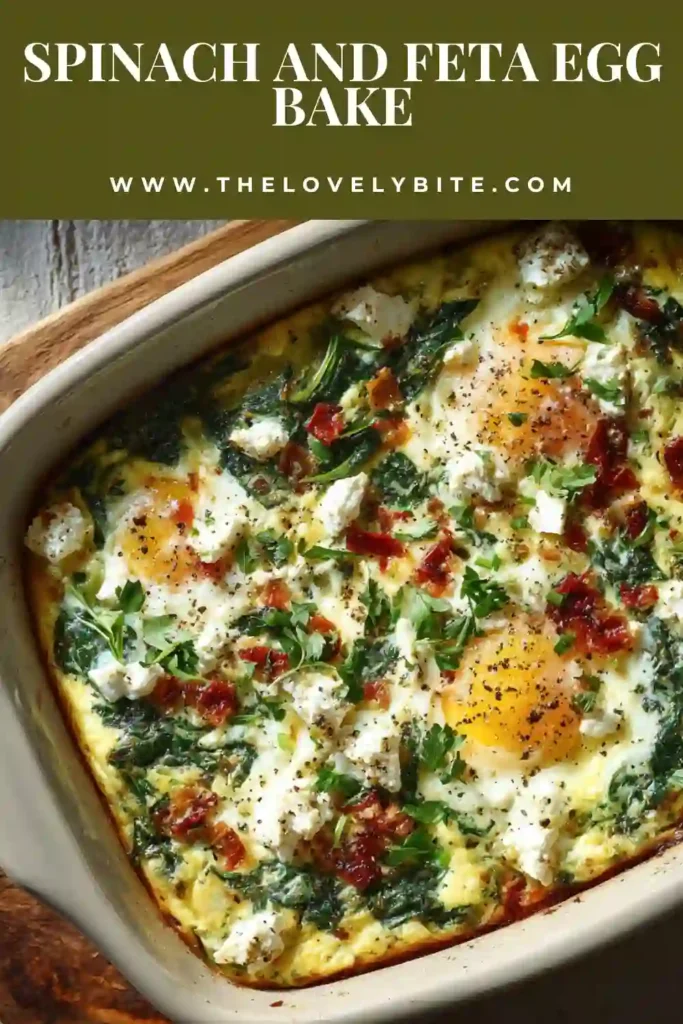 Healthy Spinach and Feta Egg Bake in a white baking dish garnished with basil and oregano. The savory baked egg casserole is low carb and ideal for breakfast or brunch.
