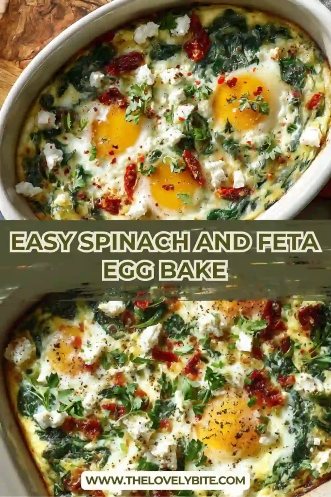 Mediterranean-style Spinach and Feta Egg Bake with fluffy baked eggs, spinach, feta cheese, and sun-dried tomatoes. A simple vegetarian breakfast casserole fresh from the oven.