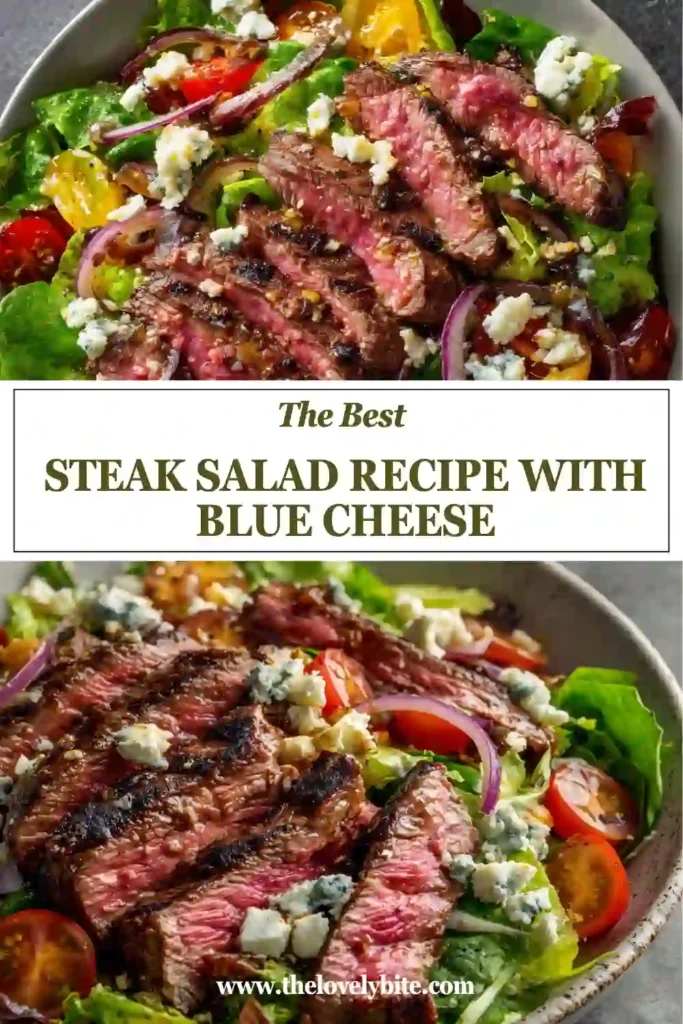 Juicy medium-rare steak layered over crisp romaine lettuce with tomatoes, red onions, Kalamata olives, and creamy blue cheese. This grilled steak salad looks fresh, colorful, and satisfying.