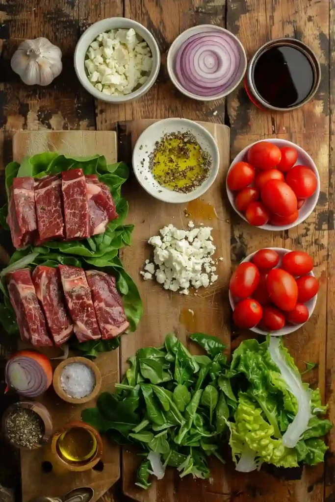 A hearty Steak Salad Recipe served with sliced grilled steak, romaine lettuce, tomatoes, olives, and crumbled blue cheese in a large salad bowl. The homemade dressing adds a glossy finish and fresh flavor.