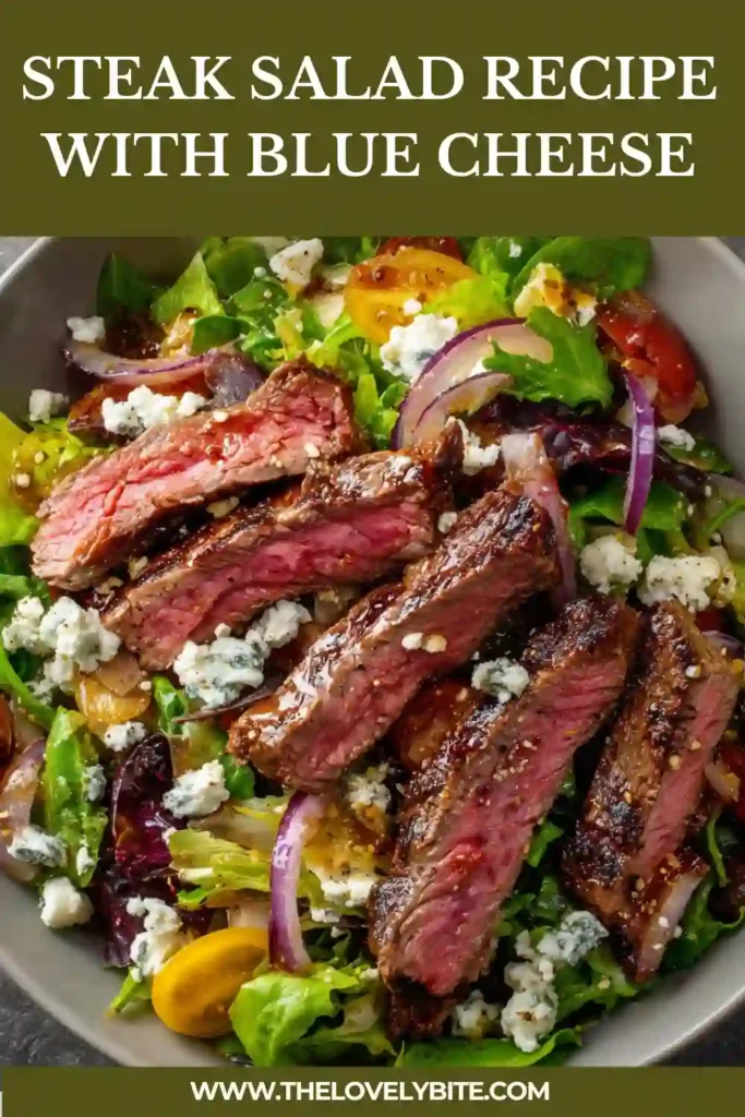 Close-up of a homemade steak salad featuring tender rib-eye steak slices, crunchy greens, and tangy dressing. A protein-packed salad perfect for lunch or dinner.