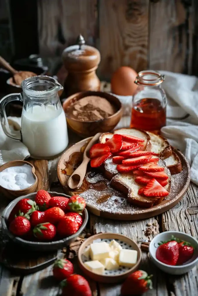 Golden Strawberry French Toast served with fresh sliced strawberries and powdered sugar on a white plate. The toast looks crispy on the edges with a soft fluffy center perfect for breakfast.