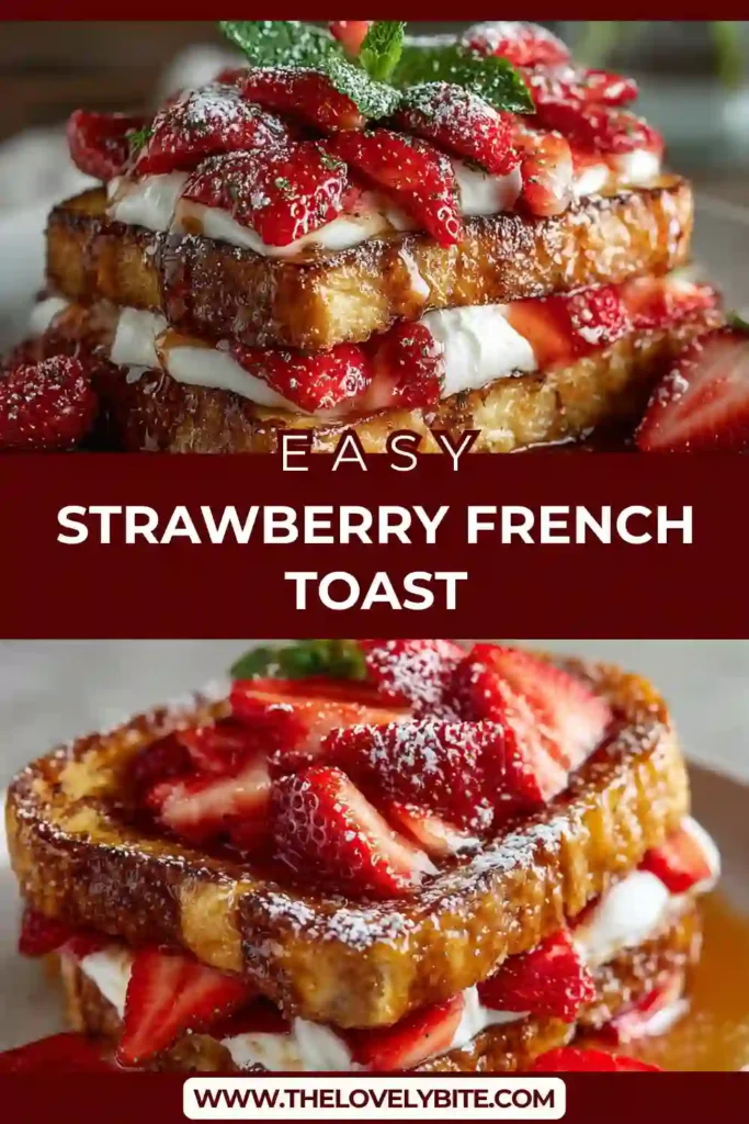 Close-up of homemade Strawberry French Toast topped with juicy strawberries and maple syrup. This easy breakfast recipe features thick-cut brioche bread cooked until golden brown.