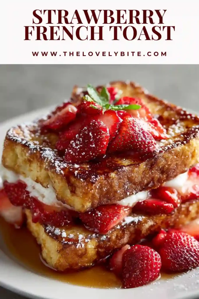 Fresh Strawberry French Toast stacked on a plate with whipped cream and strawberry slices. The warm cinnamon toast creates a cozy and inviting brunch presentation.