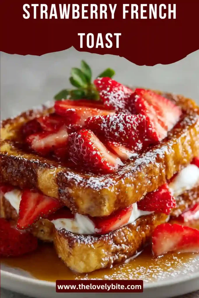 Easy Strawberry French Toast recipe made with thick bread, eggs, cinnamon, and fresh strawberries. The toast is golden and beautifully garnished for a family breakfast.