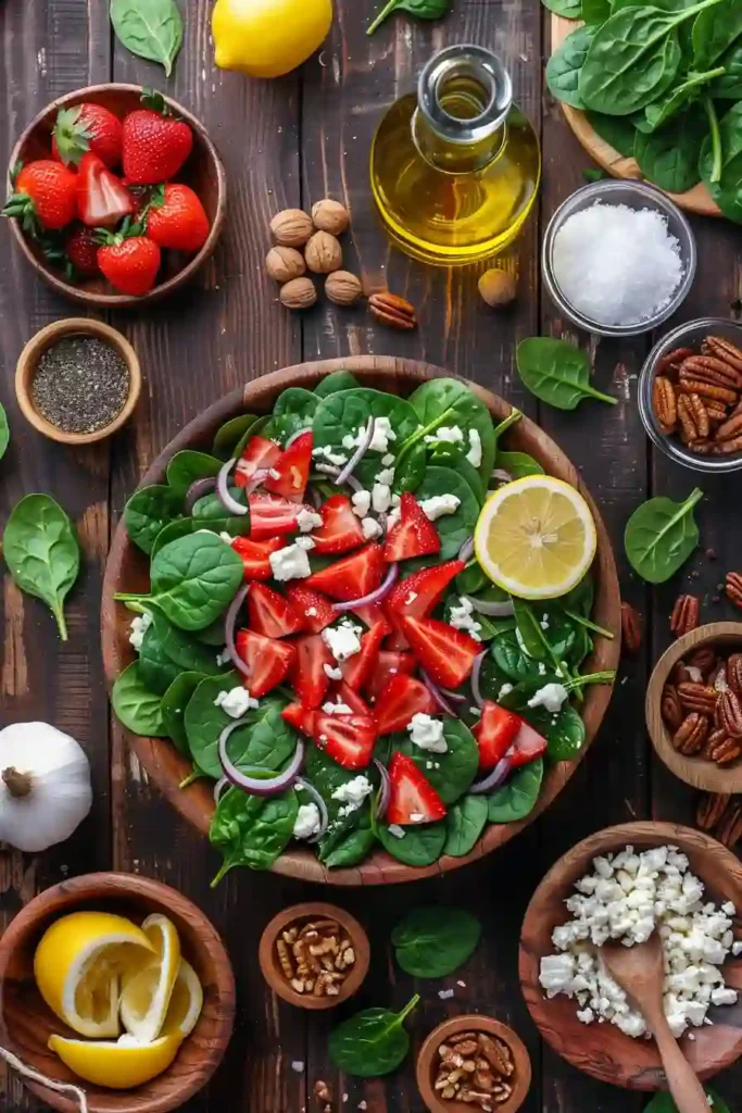 A fresh Strawberry Spinach Salad served with sliced strawberries, baby spinach, shredded chicken, feta cheese, and toasted pecans. This healthy summer salad is colorful, crisp, and full of fresh flavor.
