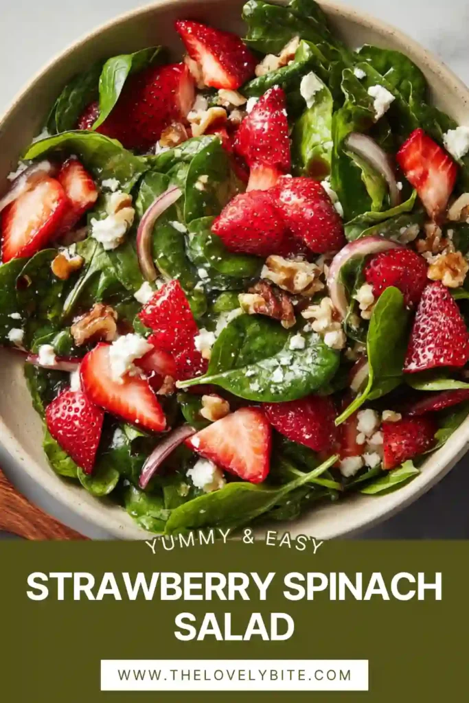 Close-up of a Strawberry Spinach Salad topped with juicy strawberries, crumbled feta, crunchy pecans, and tender chicken. A refreshing spinach salad recipe perfect for lunch or dinner.