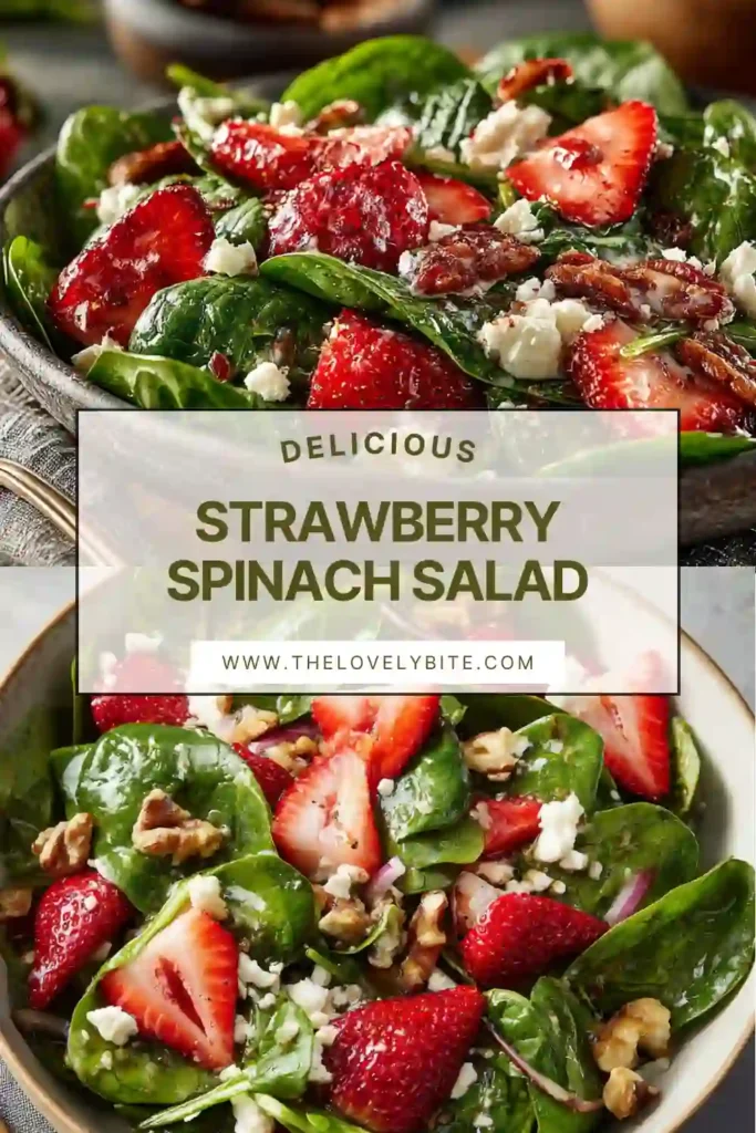 Healthy Strawberry Spinach Salad with lemon dressing, fresh spinach, strawberries, feta cheese, and pecans in a large serving bowl. A light and easy salad recipe for warm weather.