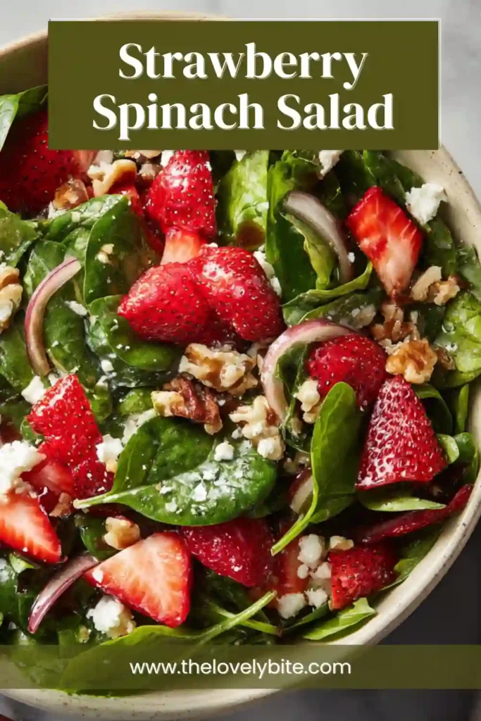 Fresh homemade Strawberry Spinach Salad with chicken, feta, and toasted pecans arranged on a serving plate. This easy strawberry salad recipe is bright, flavorful, and nutritious.