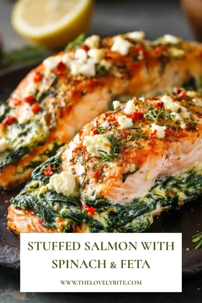 Close-up of baked stuffed salmon fillets filled with spinach and feta cheese on a serving plate. The salmon is tender, juicy, and topped with Mediterranean-inspired ingredients.