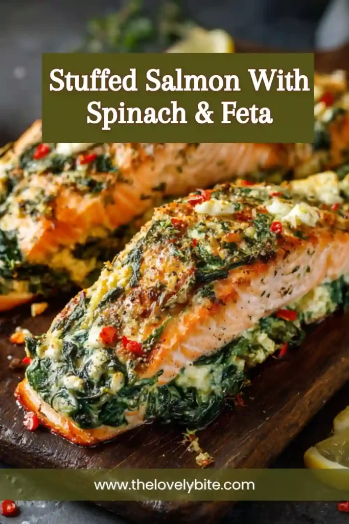 Easy stuffed salmon recipe with spinach, feta, parmesan, and roasted peppers baked to perfection. This quick 30 minute salmon dinner is ideal for weeknight meals.