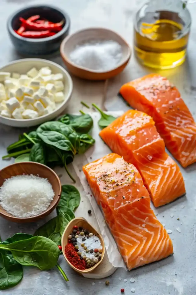 Stuffed Salmon With Spinach & Feta baked until flaky and golden, filled with creamy feta cheese, spinach, parmesan, and roasted red peppers. This healthy salmon dinner looks fresh, colorful, and flavorful.