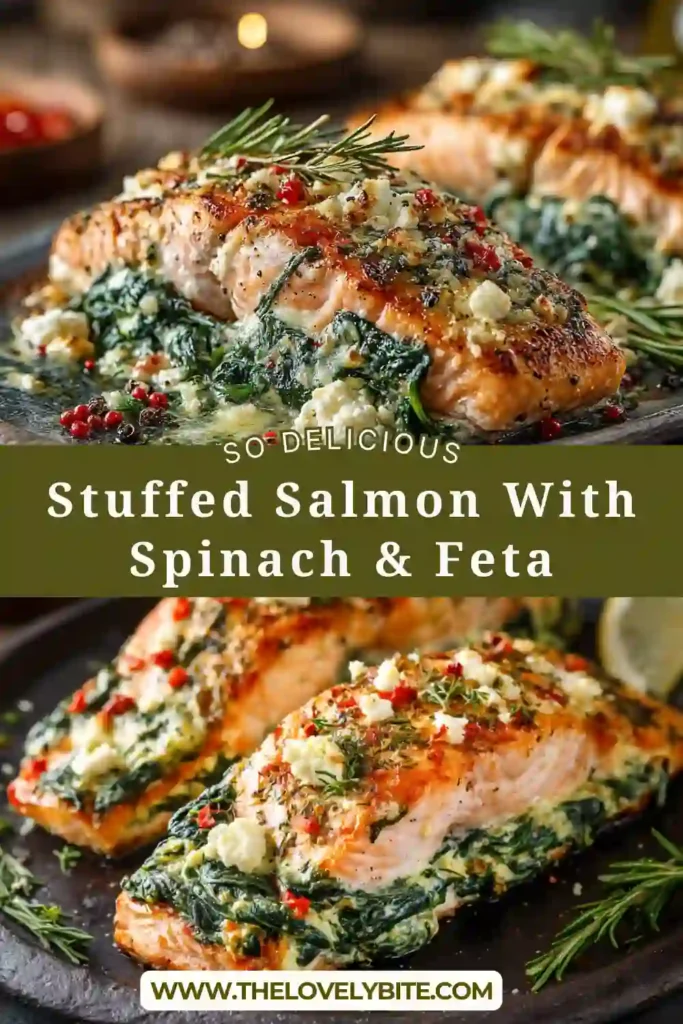 Golden baked salmon stuffed with creamy spinach feta filling and roasted peppers. A healthy and elegant Mediterranean salmon recipe served warm.