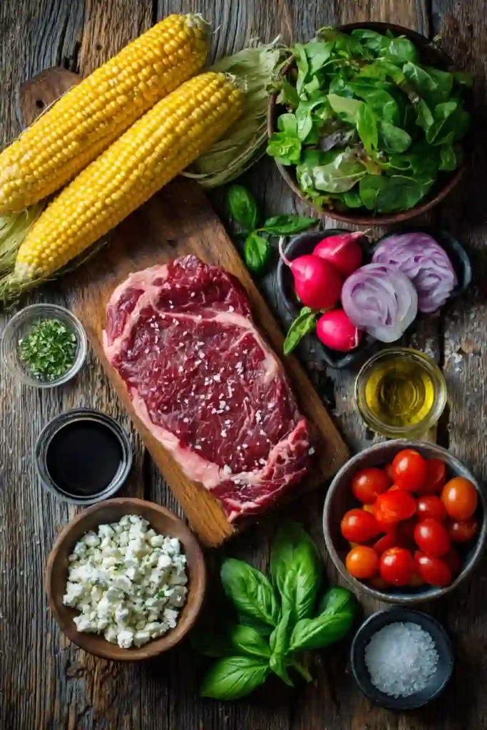 A bowl of Summer Steak Salad with Corn topped with sliced grilled rib-eye steak, charred corn, tomatoes, radishes, and feta cheese. Fresh greens and homemade vinaigrette create a vibrant summer meal.