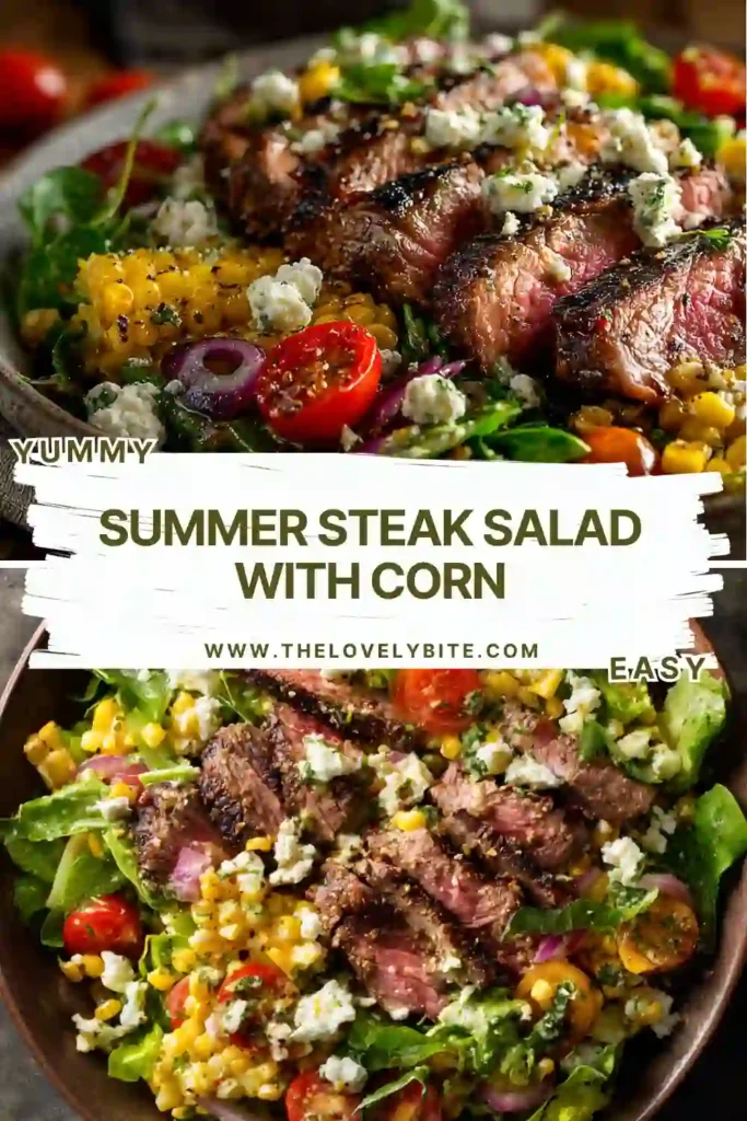 Grilled rib-eye steak served over spring mix with corn, tomatoes, radishes, red onion, and feta cheese. A colorful Summer Steak Salad with Corn ideal for lunch or dinner.