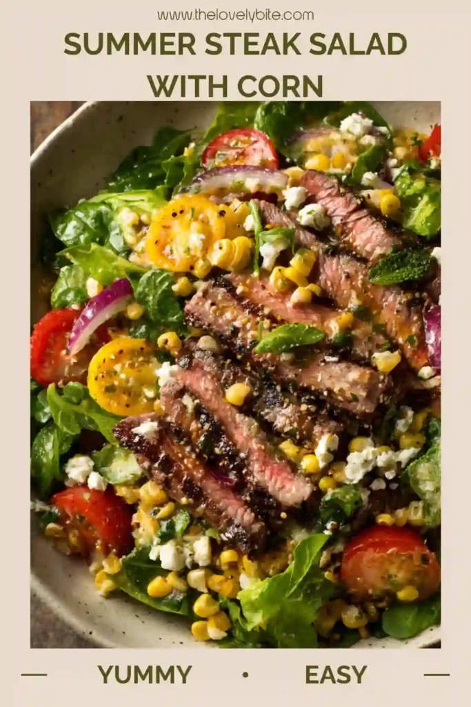 Healthy Summer Steak Salad with Corn featuring charred corn kernels, fresh greens, feta cheese, and thinly sliced steak. A protein-rich salad for warm-weather meals.
