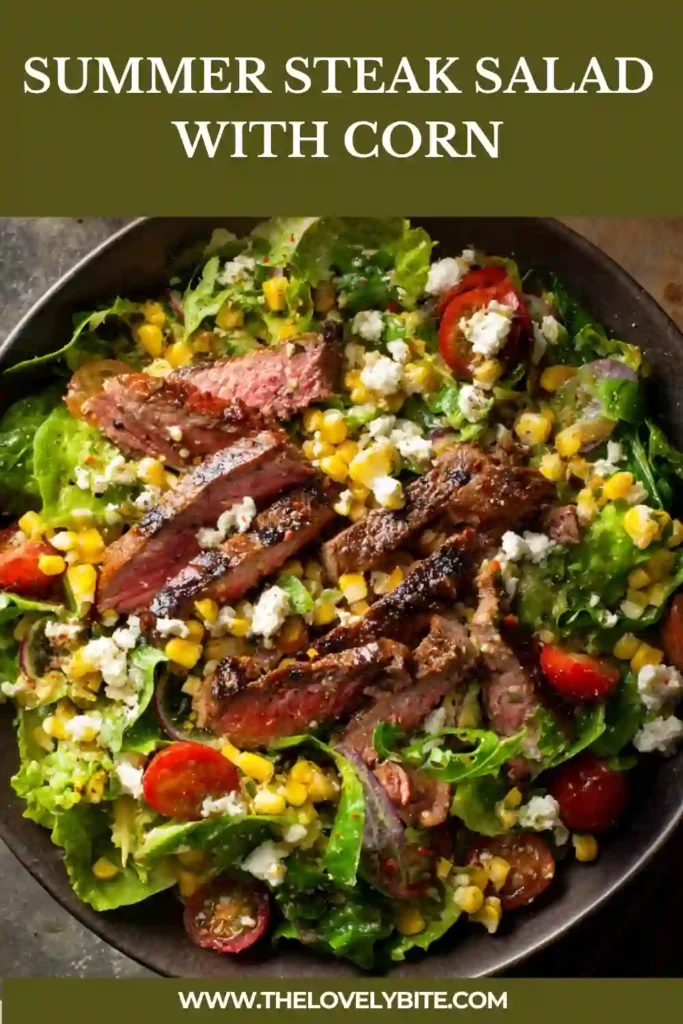Close-up of Summer Steak Salad with Corn dressed in homemade basil vinaigrette and topped with grilled rib-eye slices. Fresh ingredients create a colorful presentation.