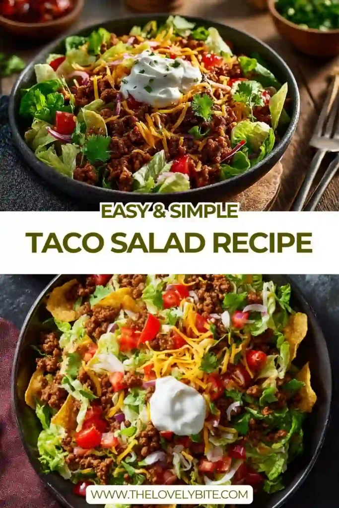 A large bowl of Best Taco Salad filled with seasoned ground beef, crisp romaine lettuce, black beans, cherry tomatoes, shredded cheddar cheese, and crispy tortilla strips. Fresh cilantro and sour cream add extra flavor to this colorful Tex-Mex dish.