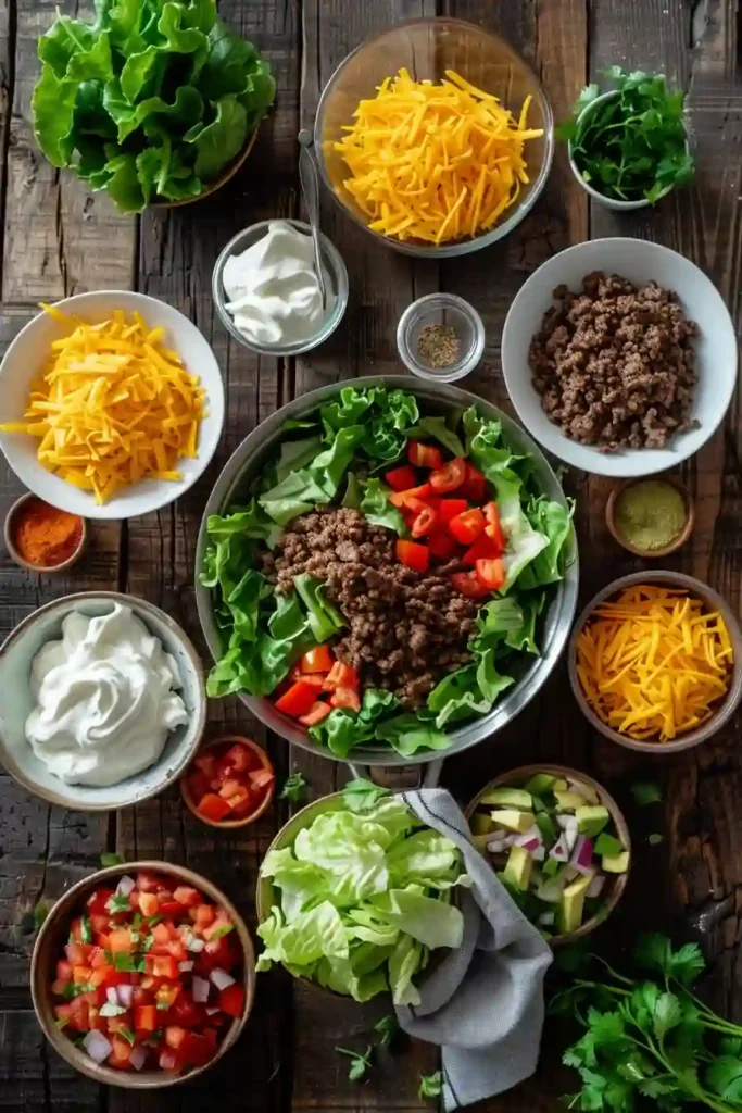 Homemade Best Taco Salad served with crunchy tortilla strips, taco-seasoned beef, fresh vegetables, cheddar cheese, and pico de gallo. This easy taco salad recipe is vibrant, hearty, and perfect for quick family dinners.