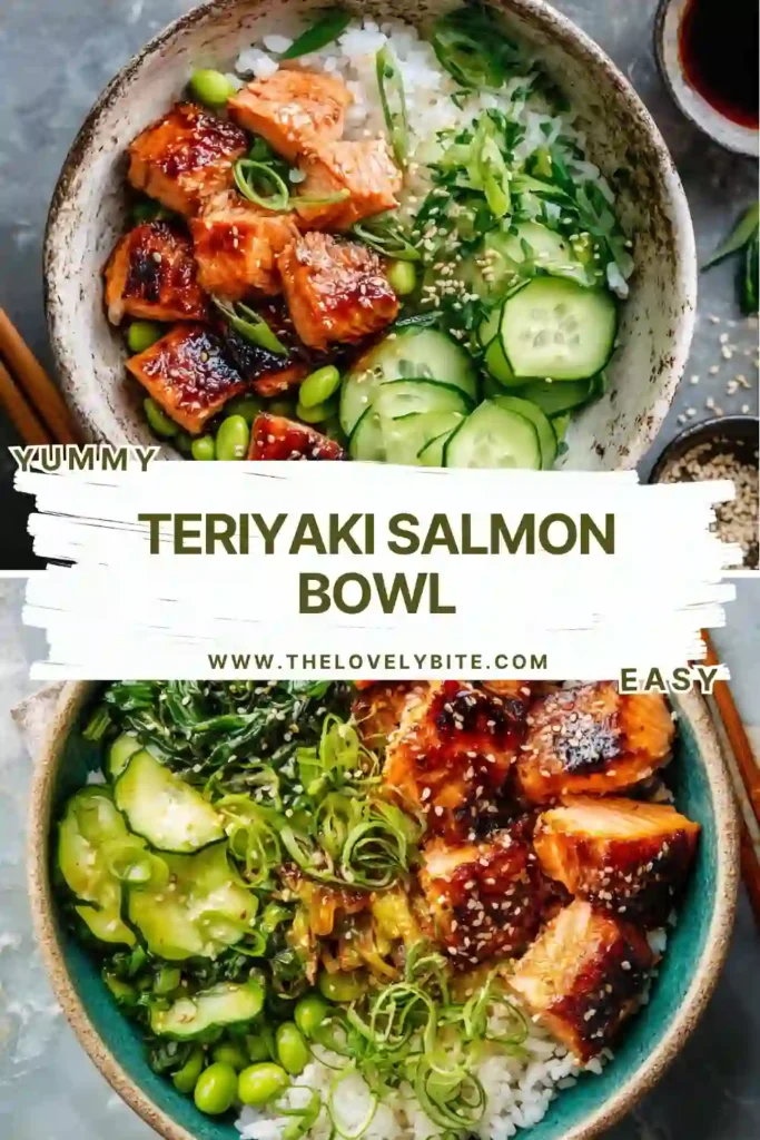 A Teriyaki Salmon Bowl topped with caramelized salmon cubes, jasmine rice, cucumbers, edamame, and sesame seeds. This easy air fryer salmon recipe is colorful, fresh, and packed with flavor.