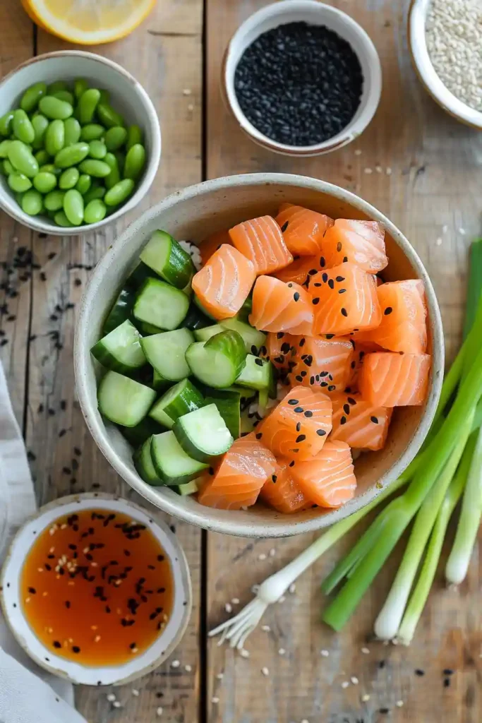 Air fryer teriyaki salmon served in a rice bowl with crunchy cucumbers and steamed edamame. Sweet savory sauce coats the salmon beautifully.