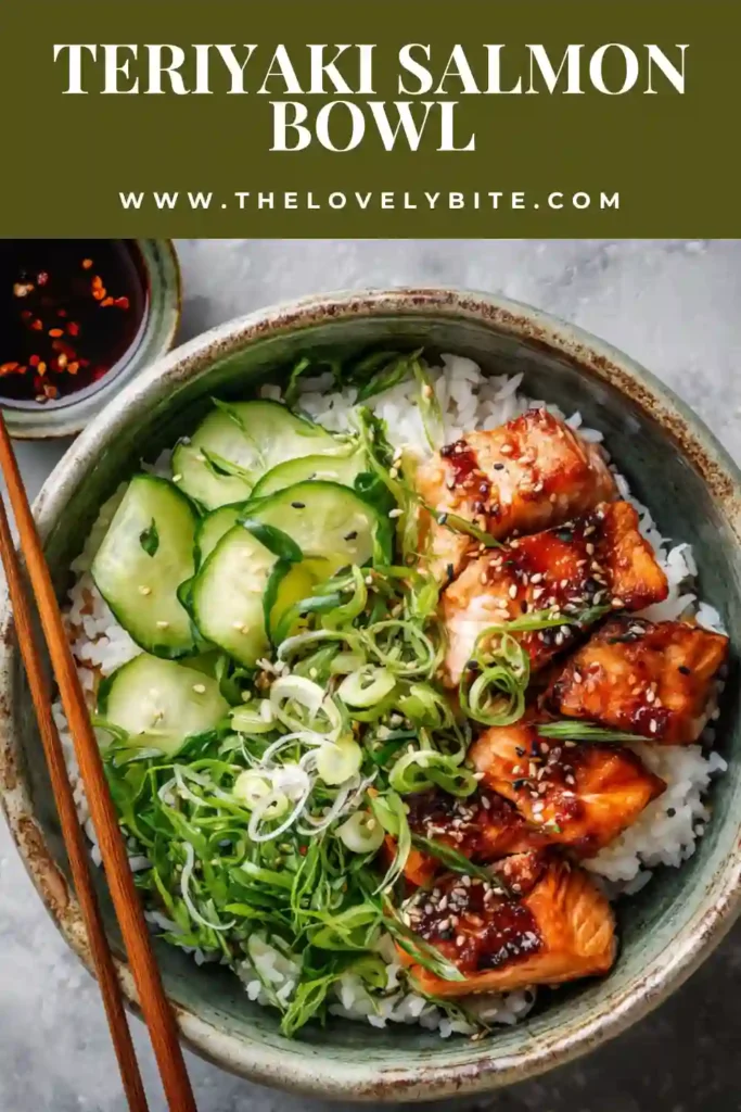 Healthy salmon rice bowl featuring teriyaki-glazed salmon, cucumbers, and edamame served over warm jasmine rice. Perfect for a quick weeknight dinner.
