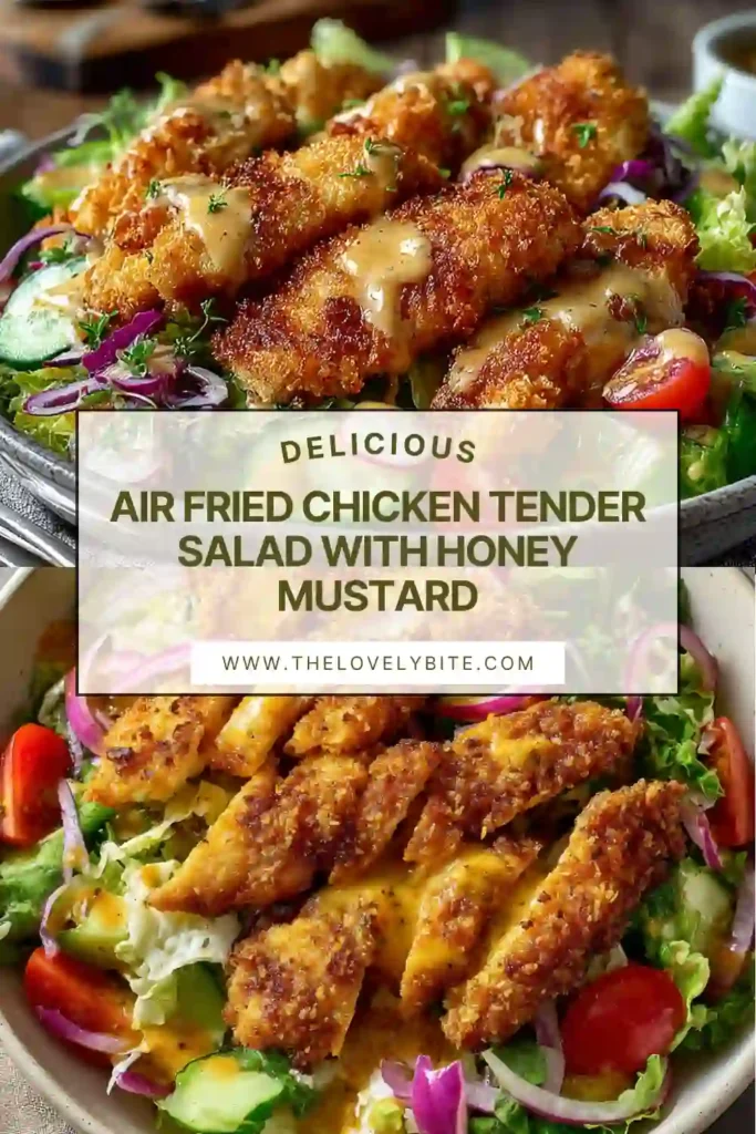 A bowl of air fried chicken tender salad with honey mustard dressing, featuring crispy chicken, fresh lettuce, tomatoes, avocado, and cucumber. The textures look vibrant and appetizing.